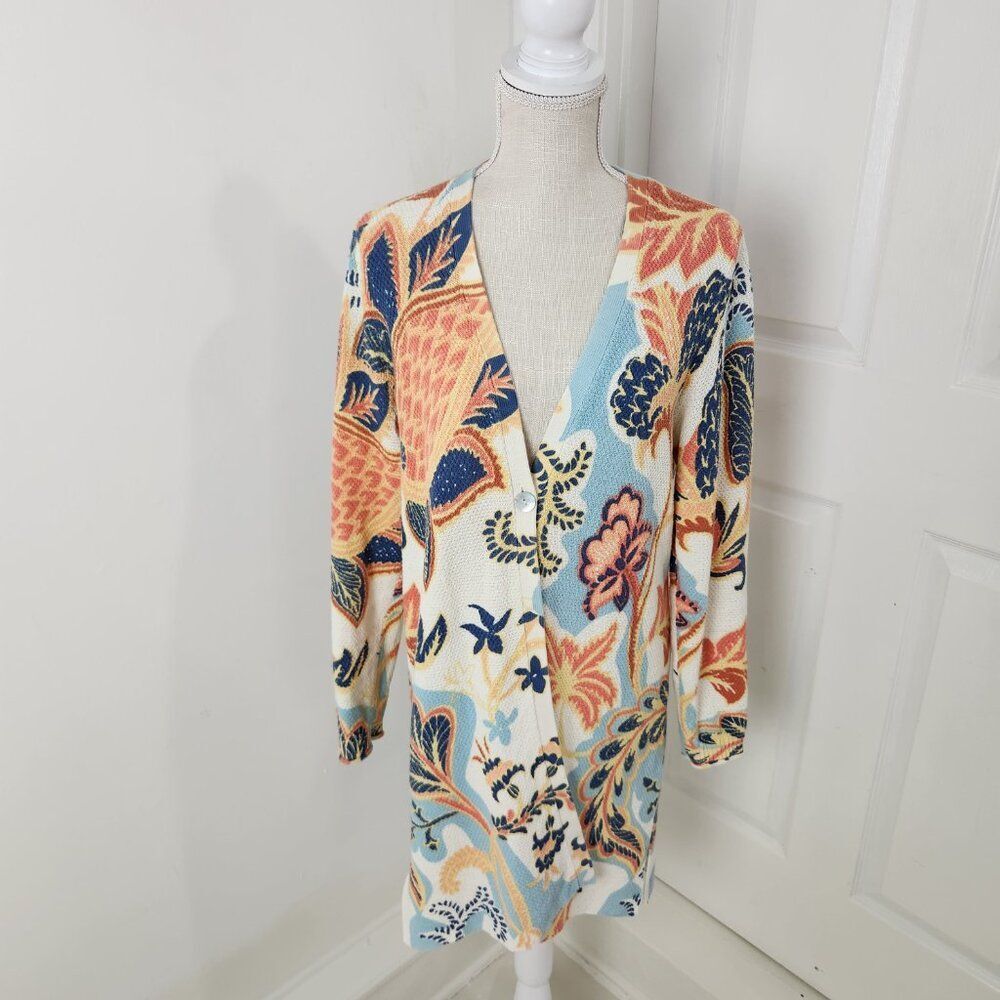 Soft Surroundings Sweater Womens M Chambray Paisley Marin Cardigan Midi Tunic - Picture 13 of 13